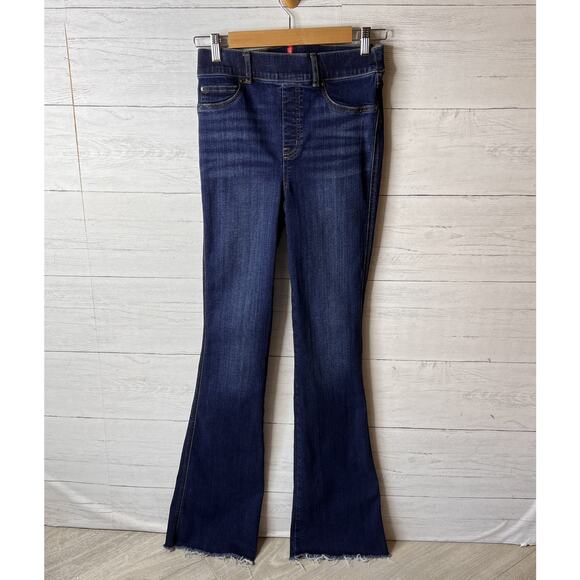 Spanx Jeans Womens Size Small Tall Blue Bootcut Flare Raw Hem Midnight Shade - Picture 1 of 16